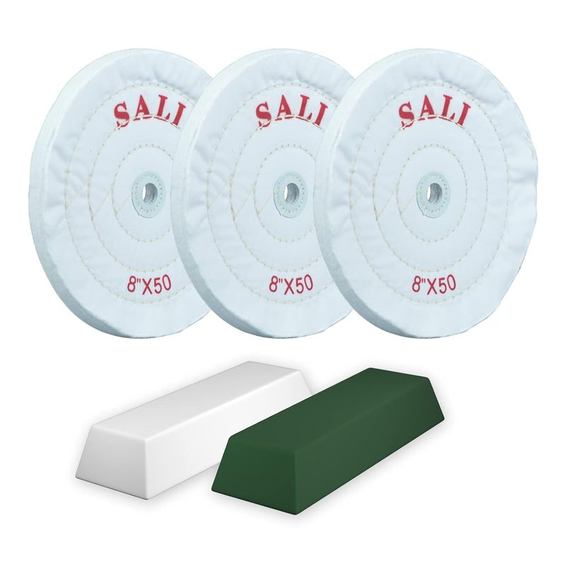 SALI 3 Pack Polishing Wheel for Bench Grinder Buffing Wheel 8 inch White Cotton (50 Ply) for Buffer Polisher Fine Polish Pad 5/8'' Arbor Hole with Polishing Compound Kit - Image 1